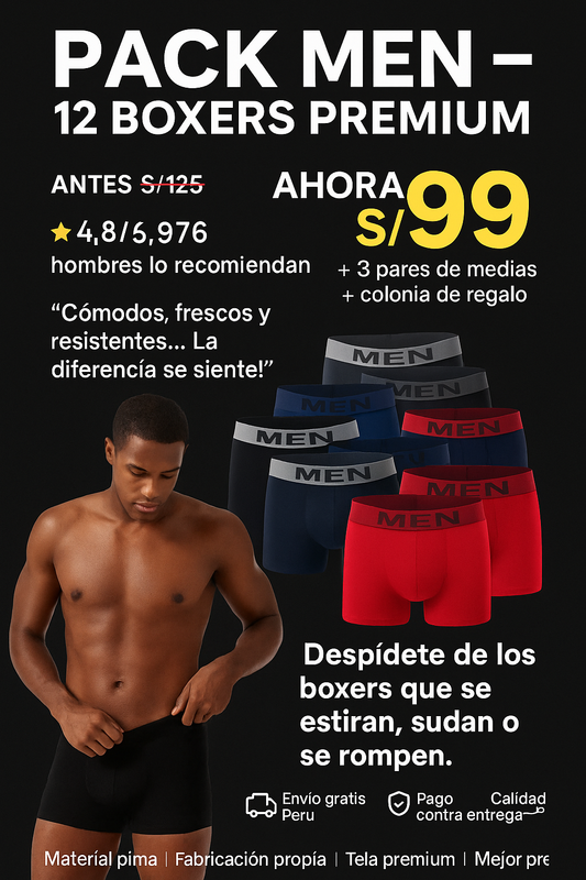 “¡Pack de 12 Boxers Pima + 3 Medias + Colonia por S/99! Solo hoy”